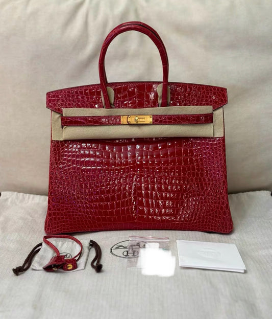 Hermes Birkin 35 Braise Red POROSUS Crocodile With Gold Hardware Handbag