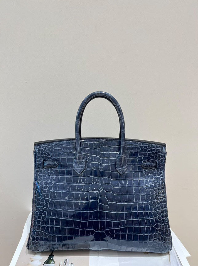 Hermes Birkin 35 Bag Blue Sapphire Porosus Crocodile Palladium Hardware