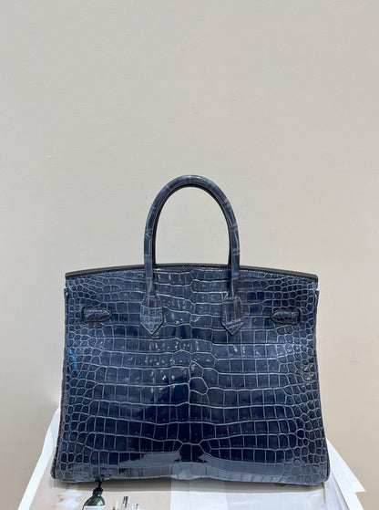 Hermes Birkin 35 Bag Blue Sapphire Porosus Crocodile Palladium Hardware