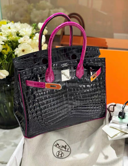 Hermes Birkin 30 Niloticus Crocodile Black & Fuchsia Pink Palladium Hardware