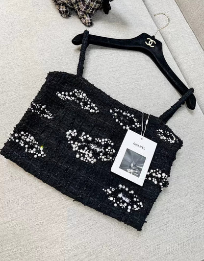 Chanel 22C Black Tweed Crop Top