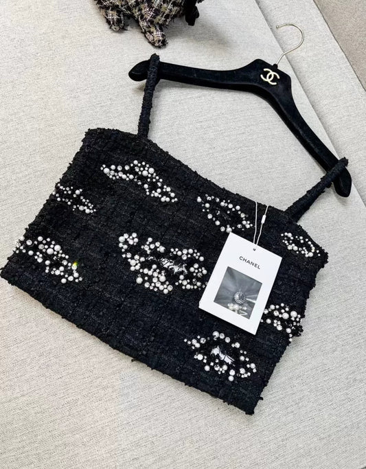 Chanel 22C Black Tweed Crop Top