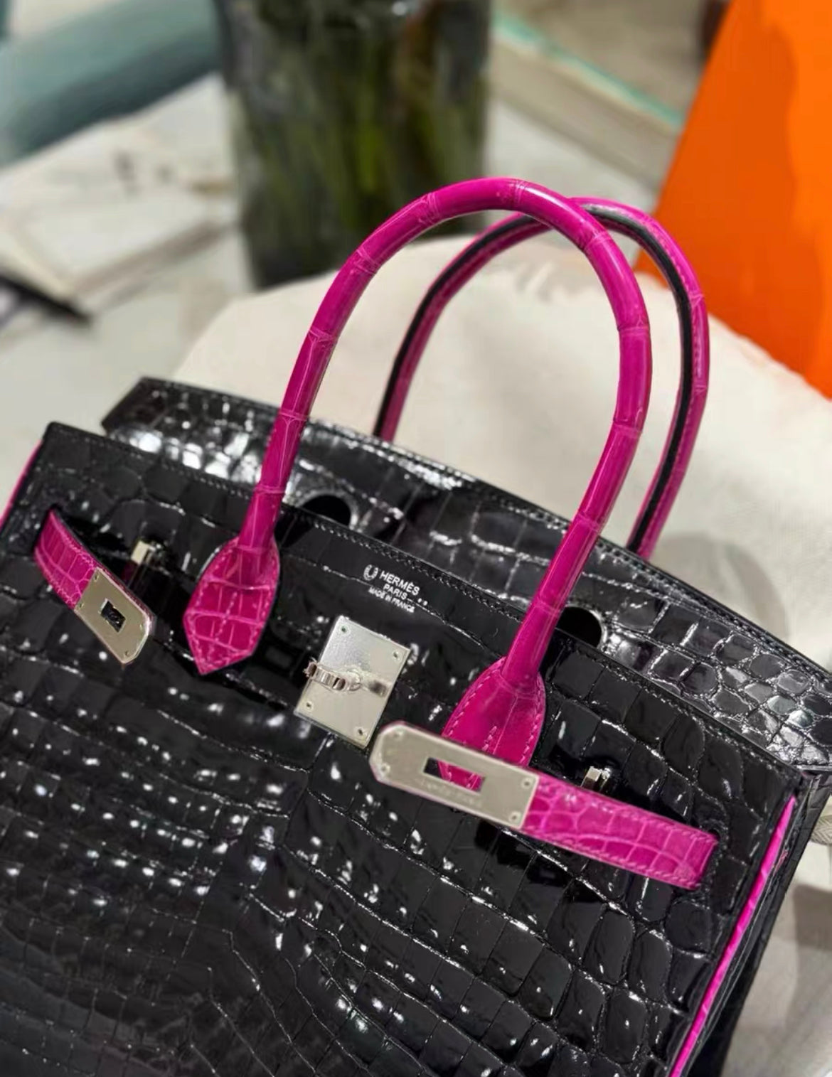 Hermes Birkin 30 Niloticus Crocodile Black & Fuchsia Pink Palladium Hardware