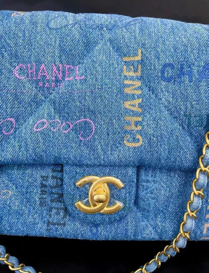 CHANEL 22P SM Quilted Print Blue Denim Jean Imprime Flap Handbag Chain