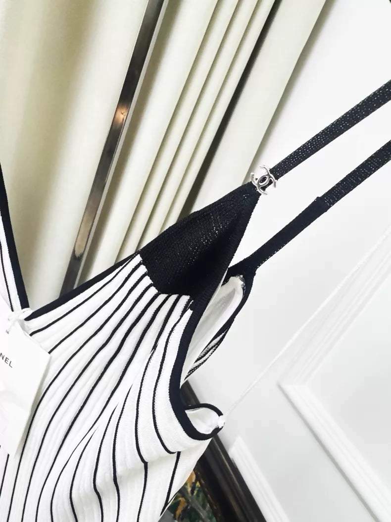 Chanel 26M black and white striped V-neck dress