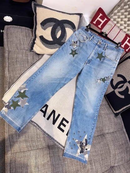 Chrome Hearts Limited Edition Blue Distressed Jeans, Army Green Camouflage Patchwork Star Jeans