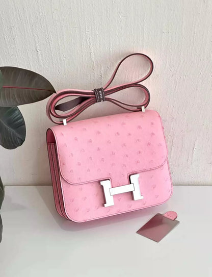 Hermes Constance mini Mirror Rose bubblegum Ostrich leather Palladium hardware