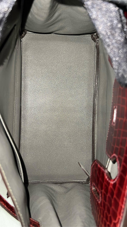 Hermes Birkin 30 Bordeaux Shiny Crocodile Leather Palladium Hardware