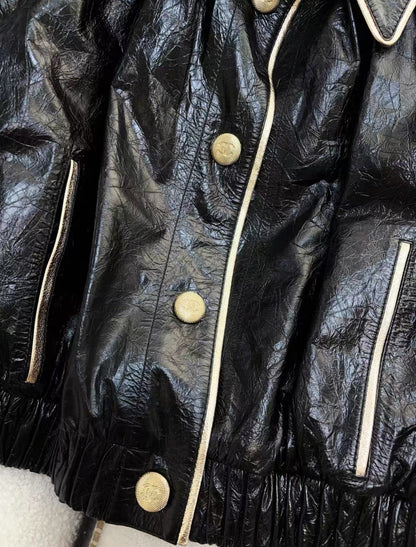 Chanel 22SS black gold two-pocket leather jacket