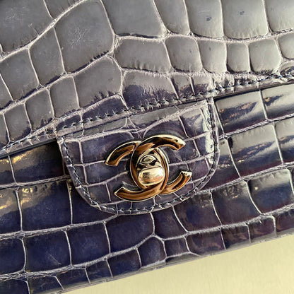 CHANEL SHINY BLUE ALLIGATOR CLASSIC FLAP BAG WITH SILVER HARDWARE