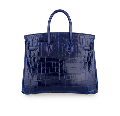 Hermes Birkin 25 Blue Sapphire Shiny Crocodile Leather Gold Hardware