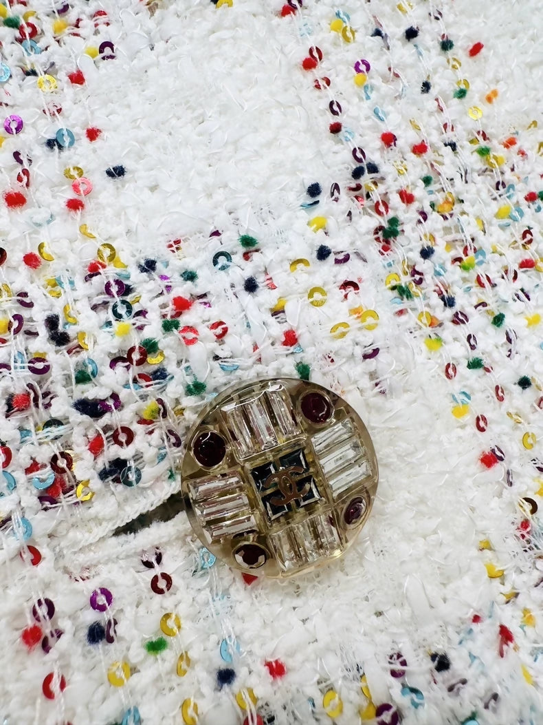 Chanel 24S iridescent white ensemble, jacket and skirt set