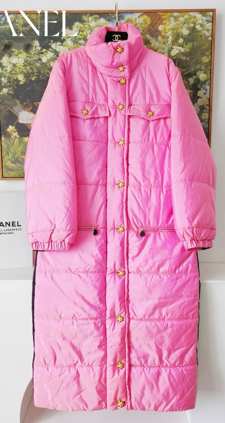 Rare Vintage Chanel by Karl Lagerfeld pink silk puffer coat with Gripoix buttons, fw 1996