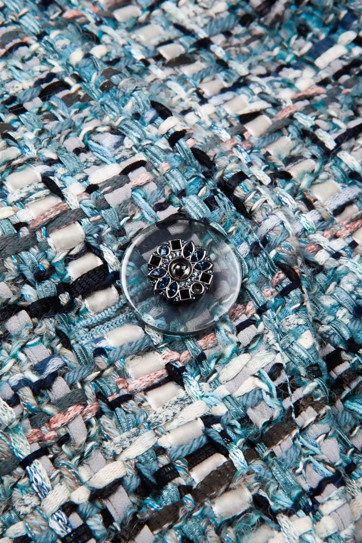 Chanel 17A Paris-Cosmopolite Blue Fantasy Tweed Fringe Jacket FR 44