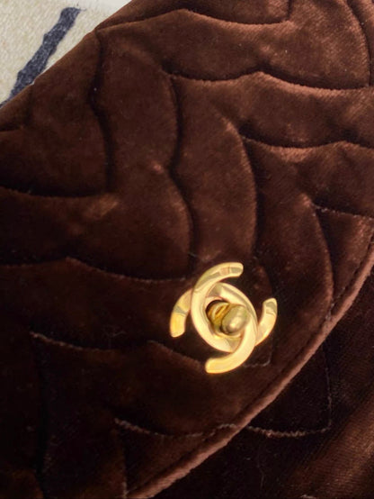 Chanel Vintage Flap Bag in Brow Velvet and Gold Hardware