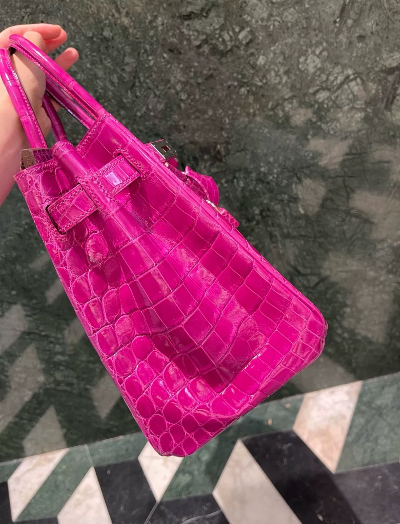 HERMÈS Birkin 30 Rose Scheherazade (J5) Shiny Niloticus Crocodile Palladium hardware