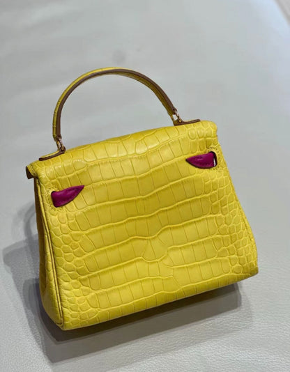Hermes Kelly Doll Alligator Mimosa and Rose Scheherazade Swift Leather Gold Hardware