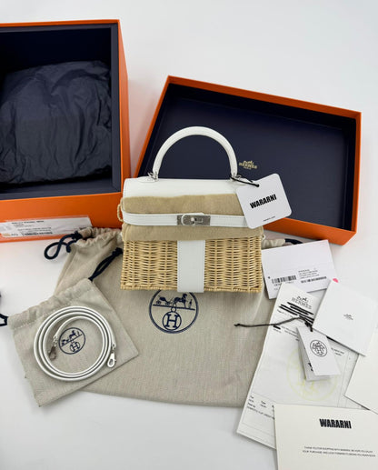 Hermès Mini Kelly 20 “Picnic” White Swift Leather & Palladium Hardware
