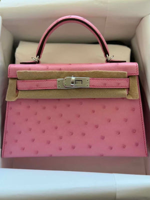 Hermes Mini Kelly 20 bubblegum ostrich palladium hardware
