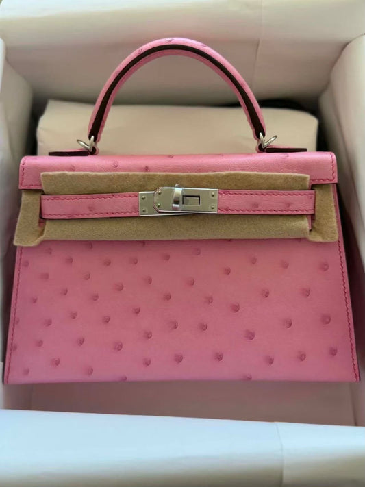 Hermes Mini Kelly 20 bubblegum ostrich palladium hardware
