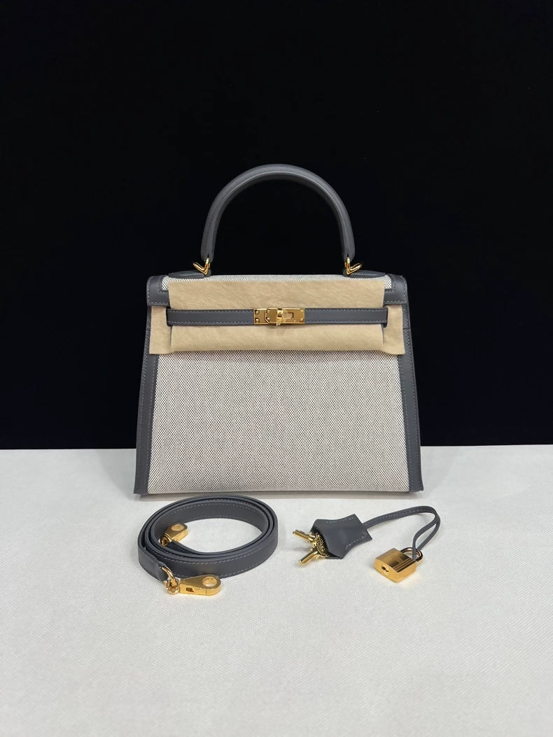 Hermes Kelly 25 Canvas/Grey swift leather gold hardware