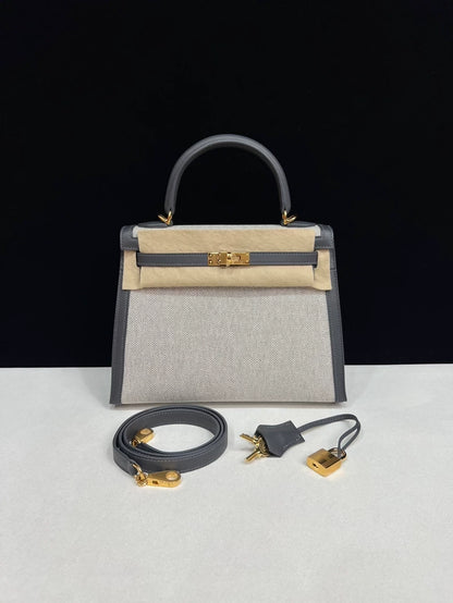Hermes Kelly 25 Canvas/Grey swift leather gold hardware
