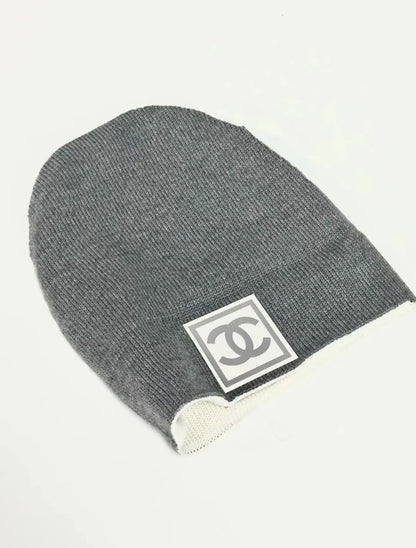 Vintage Chanel beanie with sporty square logo, two ways to wear it.