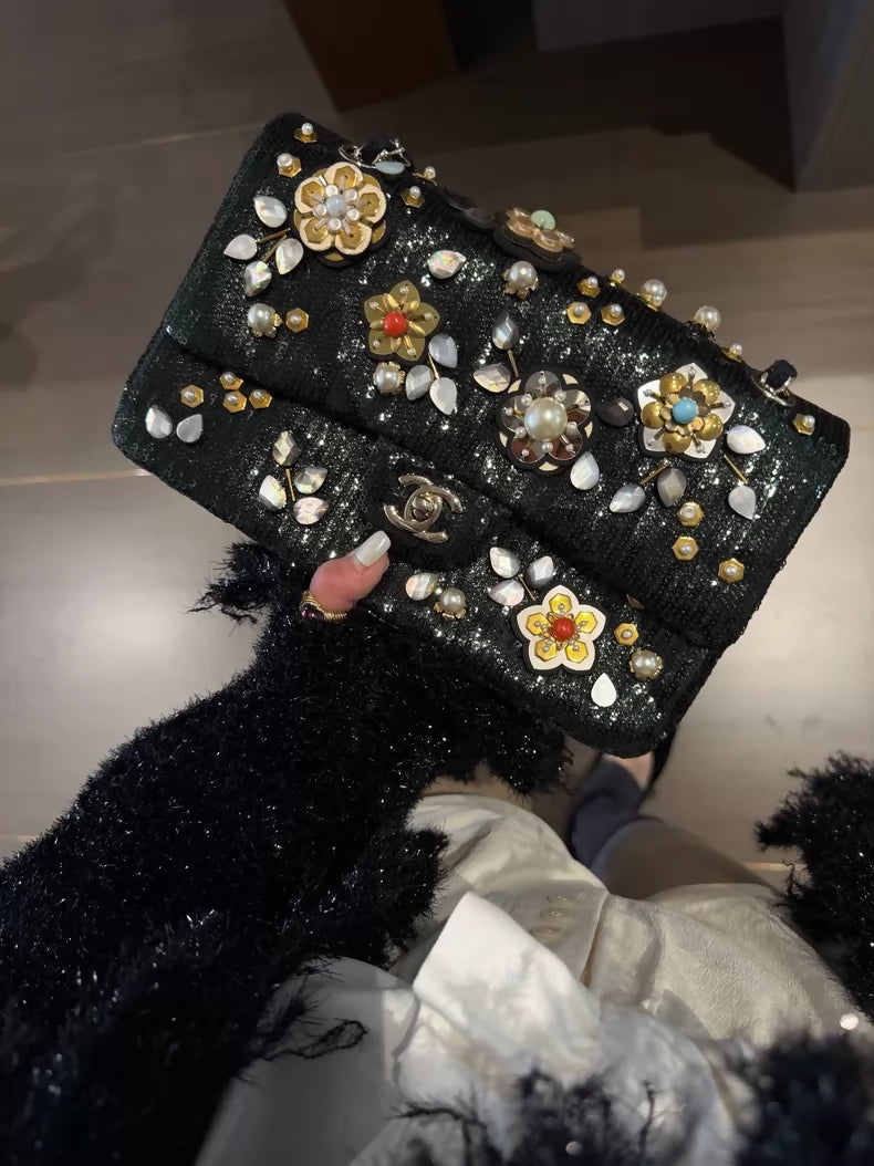 Rare Chanel 22 Dark Green Handmade 3D Beaded Flowers medium flap bag