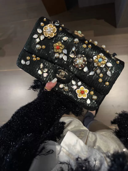 Rare Chanel 22 Dark Green Handmade 3D Beaded Flowers medium flap bag