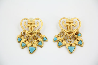 Chanel Vintage 95P Turquoise & Gold Plated Heart Dangle Earrings