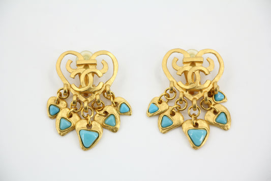 Chanel Vintage 95P Turquoise & Gold Plated Heart Dangle Earrings