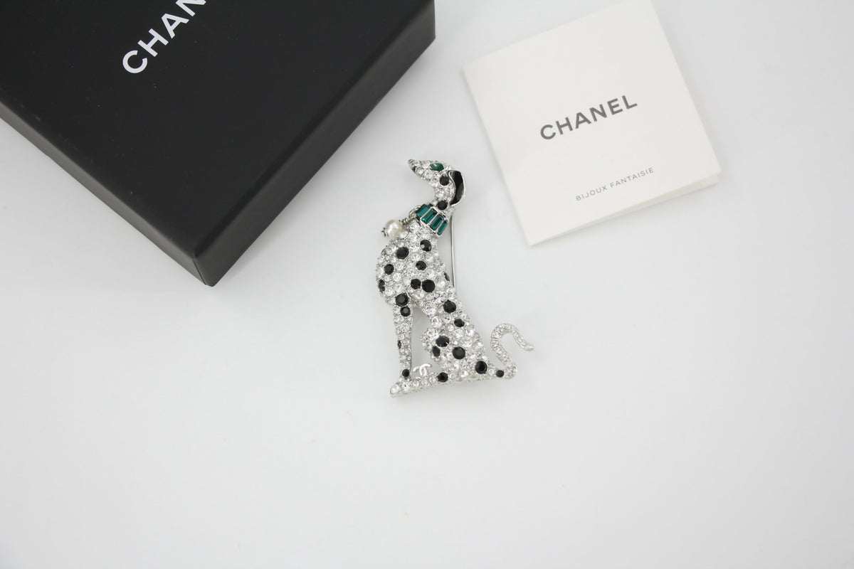 Chanel B26A Rhinestone Black Silver Green Dalmatian Brooch