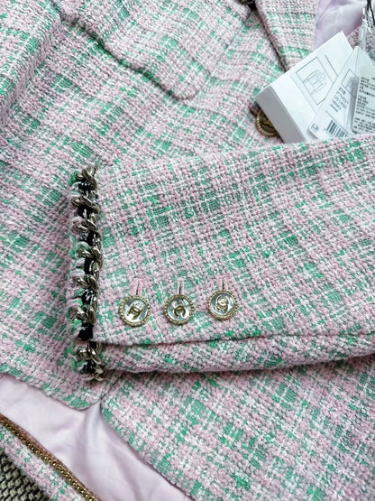 Chanel 21S pink and green tweed oversized coat