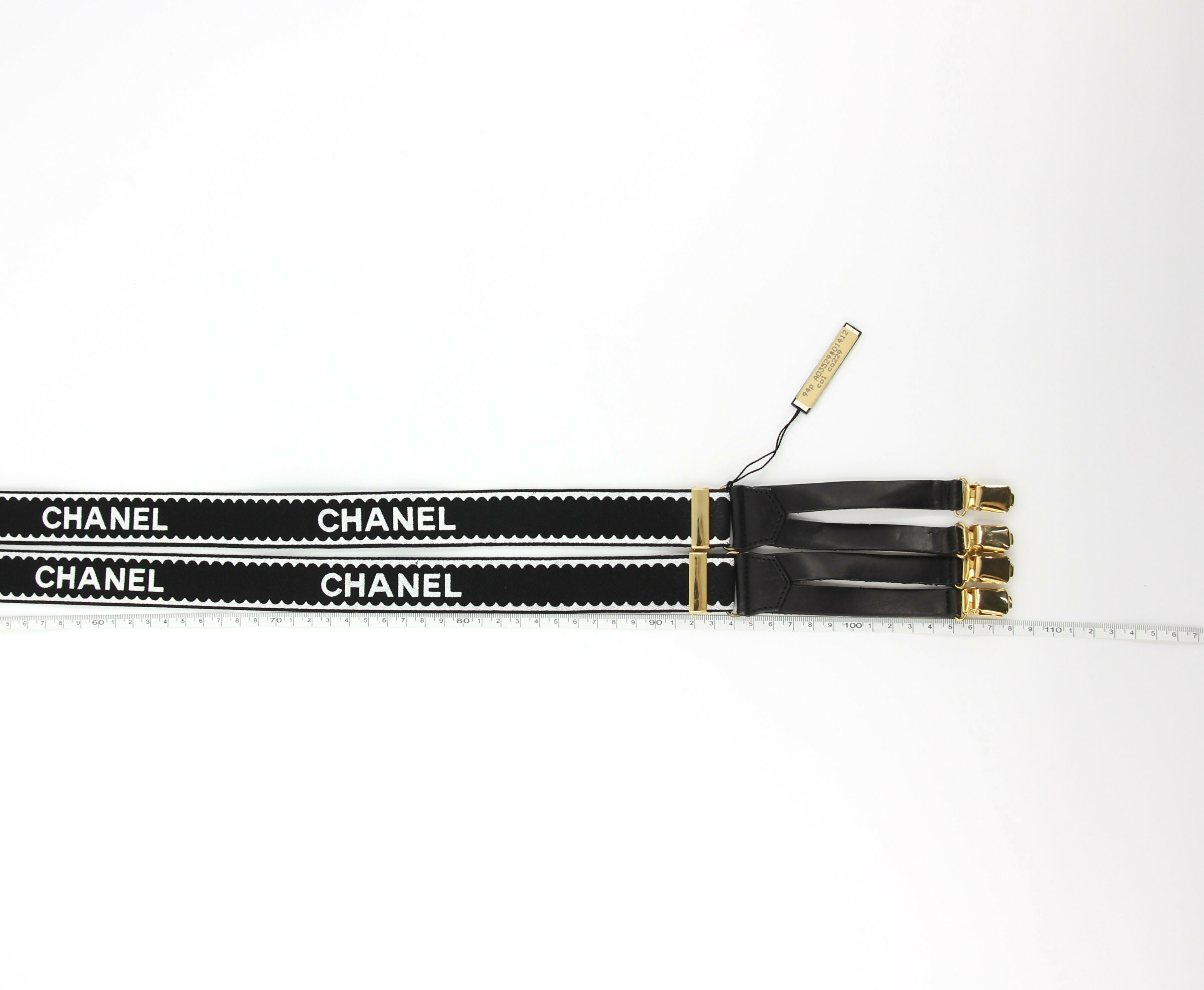 Chanel Vintage 94P Leather & Canvas Coco Mark Suspenders in Black
