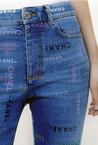 CHANEL 22P Blue & Multicolor Logo Printed Denim Jeans FR 40