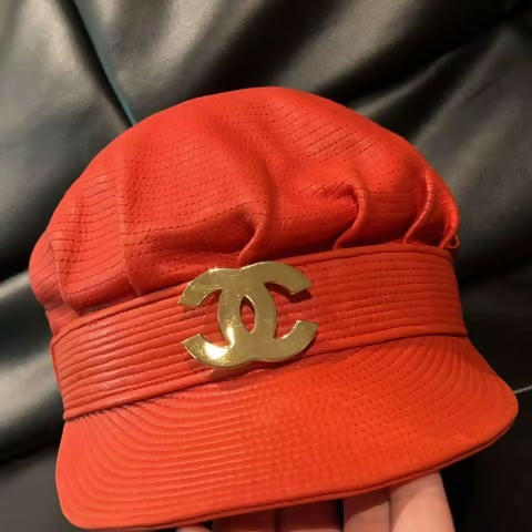 Chanel Vintage Fall 1991 Casquette in Red Leather with Gold CC Logo and Chain Detail