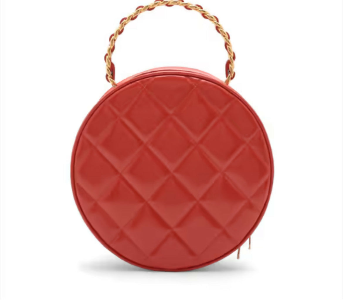 Chanel Vintage Coco Mark Patent Leather Red Round Red Vanity Handbag with Gold Hardware