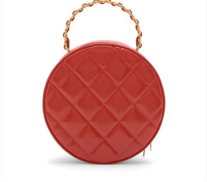 Chanel Vintage Coco Mark Patent Leather Red Round Red Vanity Handbag with Gold Hardware