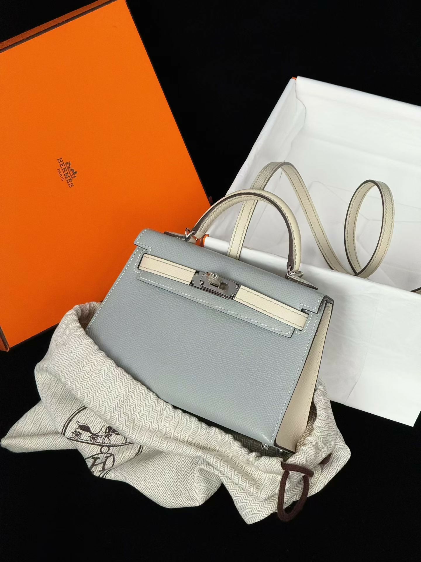Hermès Mini Kelly 20 Bleu Glacier / Nata (Craie) Epsom Leather with Palladium Hardware