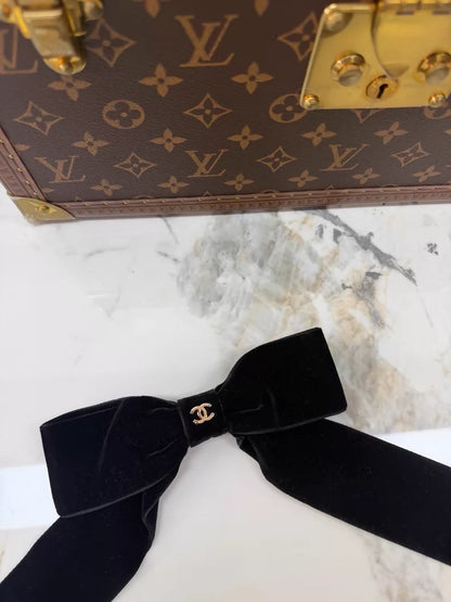 Chanel classic large black velvet bow hair clip with gold double C