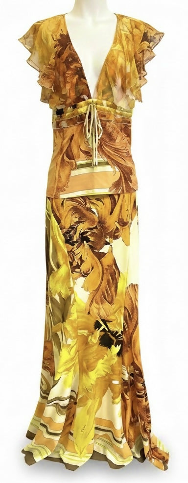 Vintage Roberto Cavalli S/S 2005 Silk Floral Dress Gown Maxi Set IT 40/42