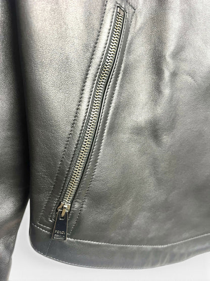 Fendi Black Leather Zucca Velvet Trim Biker Jacket