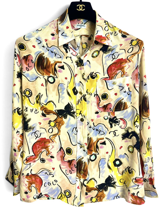 Iconic Chanel 95P Barbie Collection CC Multicolor 100% Silk Logo Blouse FR 42/44