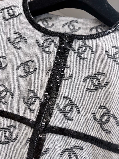 Chanel 22S Grey Double C Print Denim Jacket