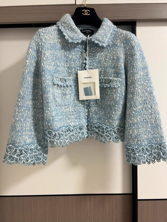 Chanel 25B baby blue tweed cardigan