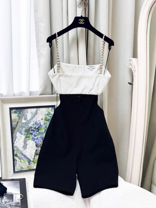 Chanel 22S Black and White Jumpsuit with Chain Straps