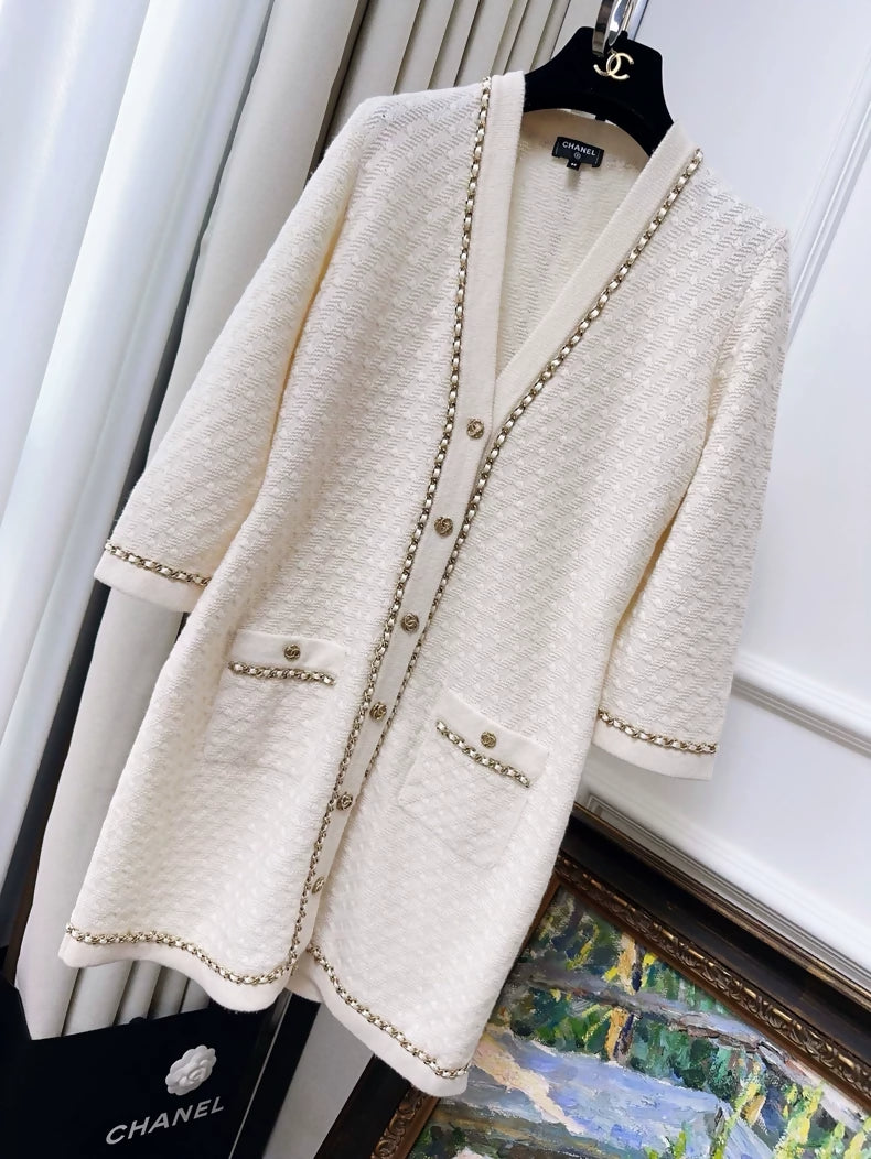 Chanel 23B off-white classic leather cashmere knit cardigan