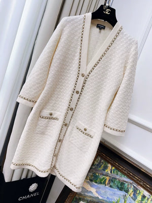 Chanel 23B off-white classic leather cashmere knit cardigan