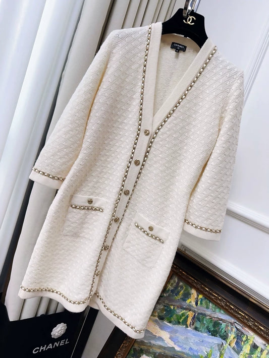 Chanel 23B off-white classic leather cashmere knit cardigan