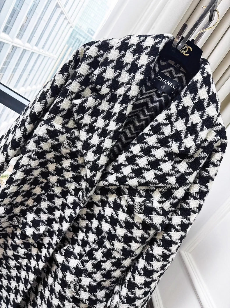 Chanel 19K black & white Houndstooth Long Coat